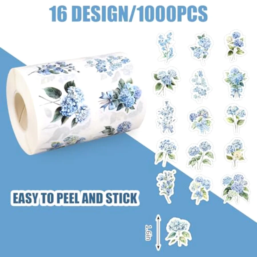 1000Pcs Hydrangea Sticker Roll Blue Floral Stickers Watercolor Flower, view 2
