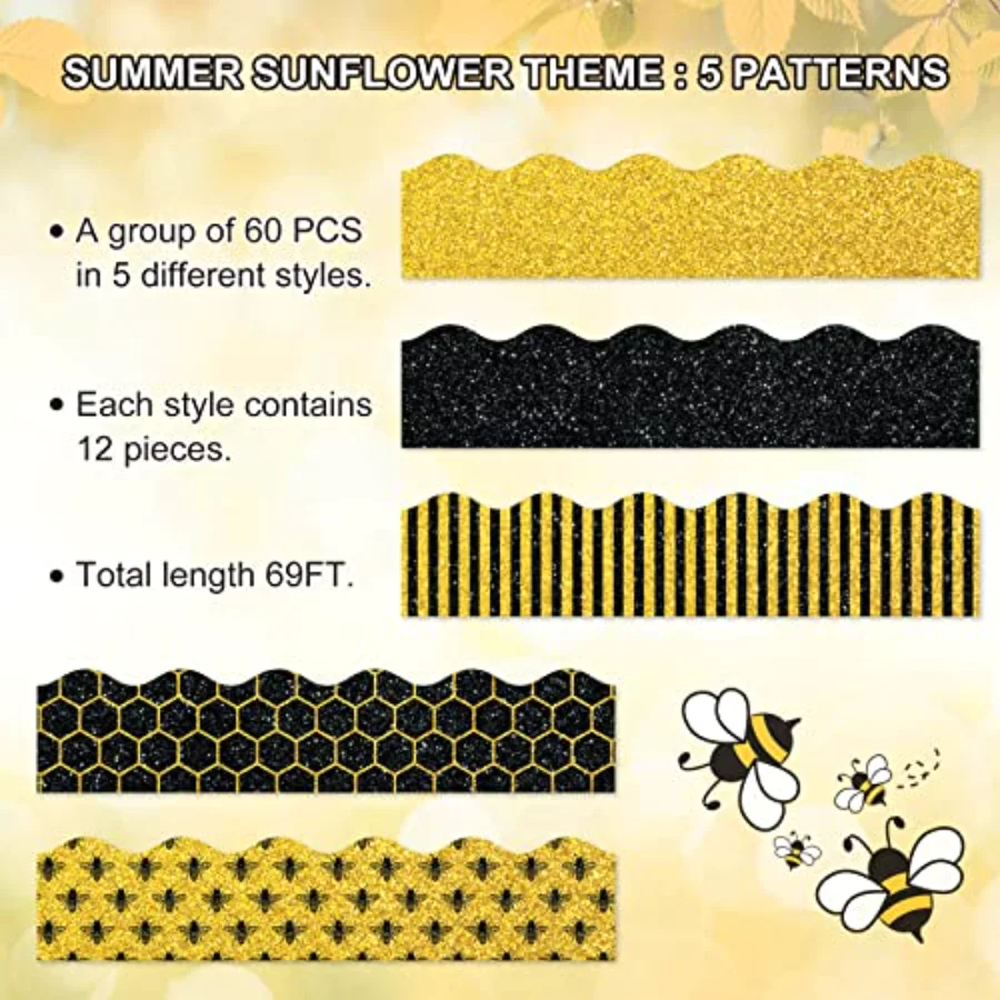 69Ft Summer Glitter Bulletin Board Borders 5 Designs Yellow Black Bee, view 3