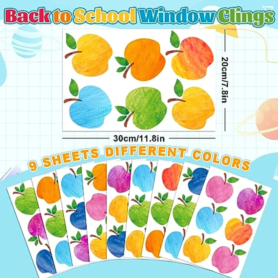 9 Sheets Colorful Apples Window Clings Double-Sided Back to the School, view 4