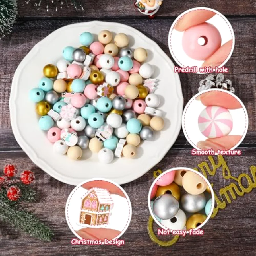 220Pcs Christmas Wooden Beads 16 Styles Pink Xmas Pattern Decorative Wood, view 3