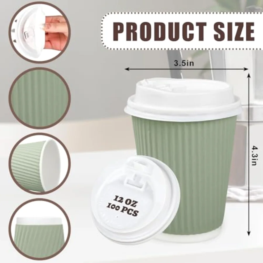 100 Pcs Sage Green Disposable Coffee Cups with Lids 12 Oz Solid Green, view 2