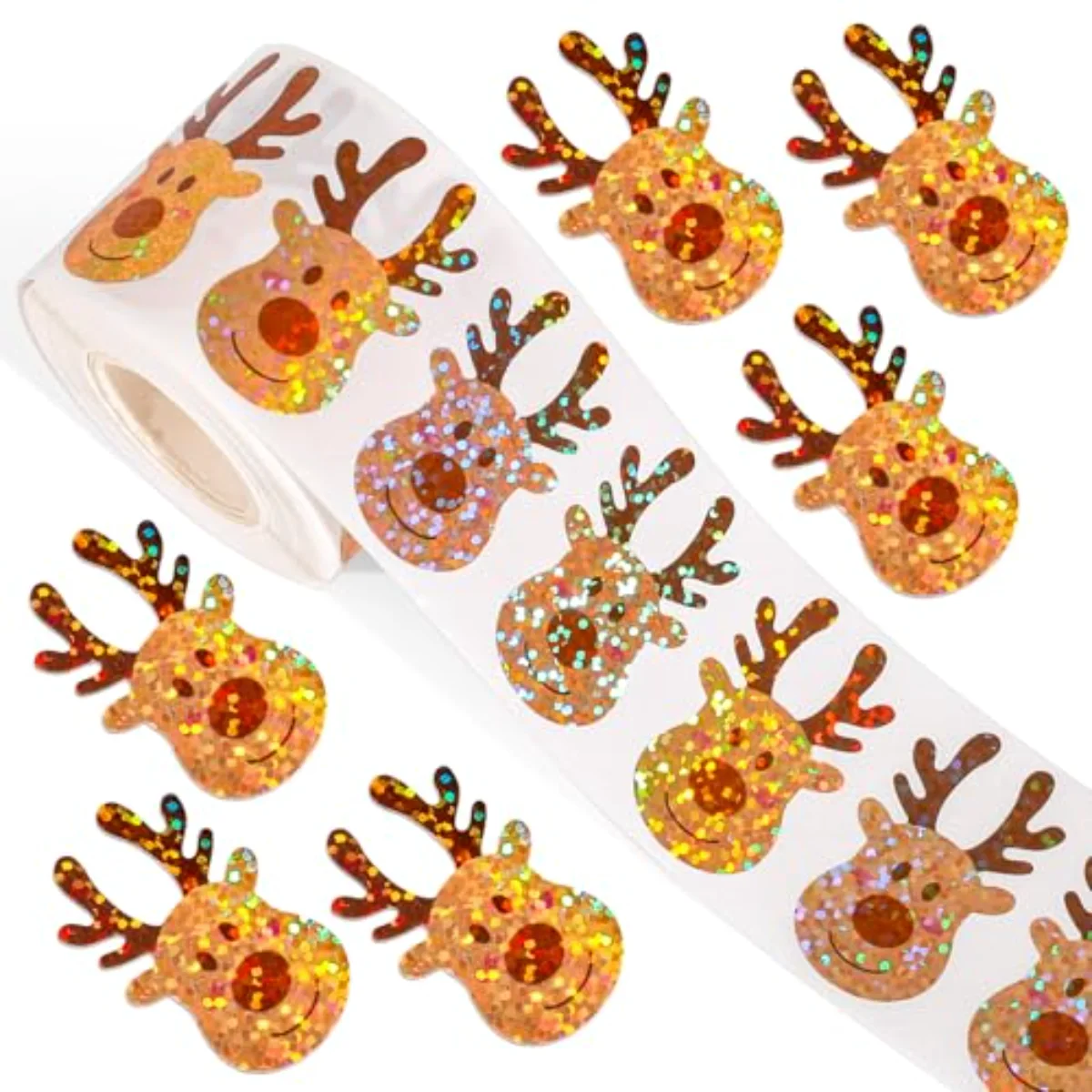 Christmas Deer Stickers Roll Holographic Reindeer Seal Stickers Sparkly