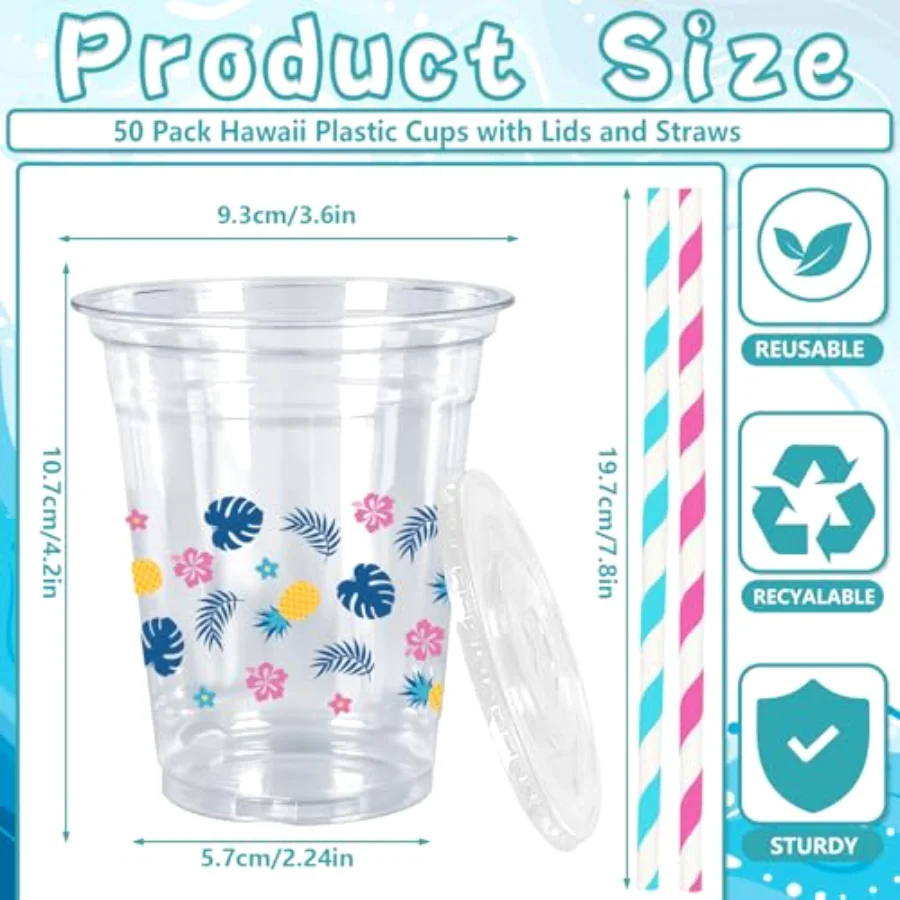 50Pcs Hawaiian Plastic Cups with Lids Straws Blue Pink Cartoon Flower, view 2