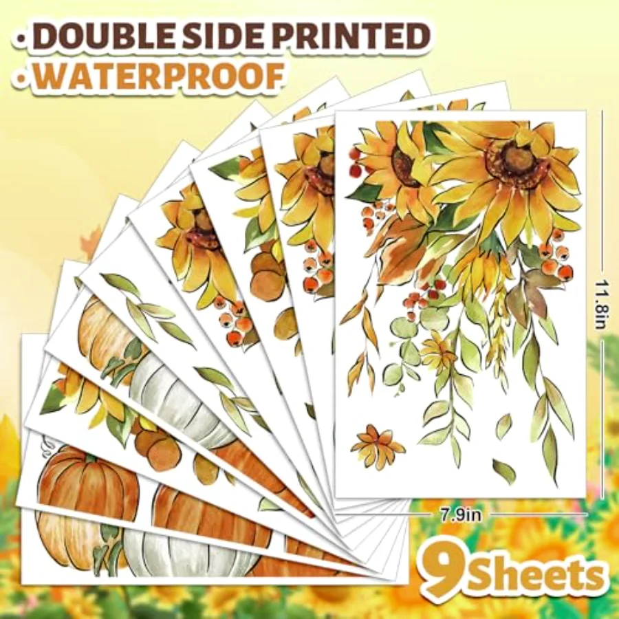 9 Sheets Fall Sunflower Window Clings Hanging Flower Vine Pumpkin Window, view 2