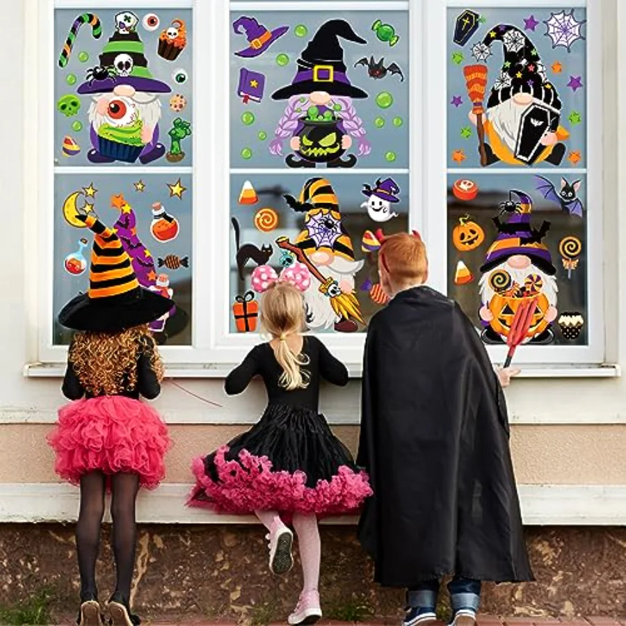 204 Pcs Fall Christmas Halloween Gnome Window Clings Colorful Cute Gnomes, view 3