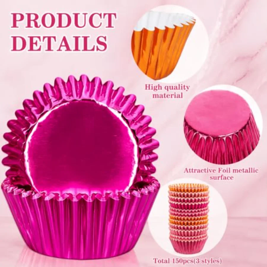 150Pcs Metallic Foil Cupcake Liners Pink Orange Muffin Baking Cups, view 3