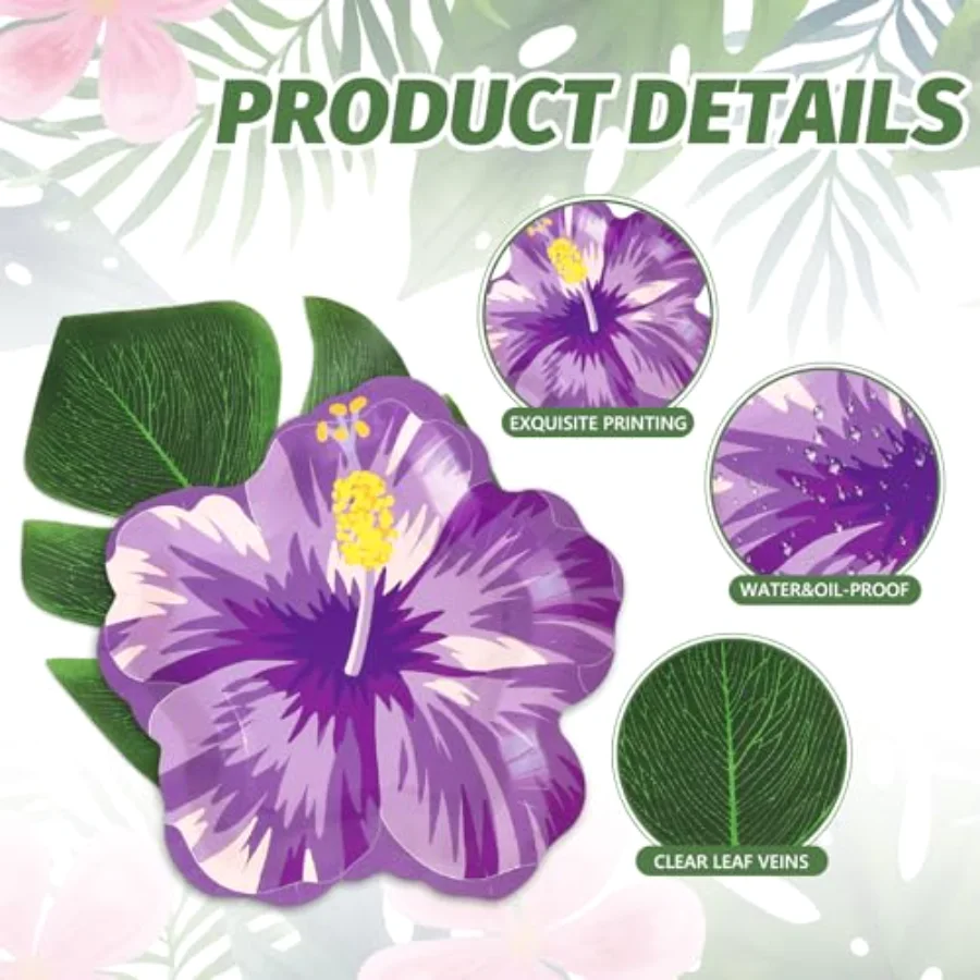120 Pcs Hibiscus Floral with Artificial Palm Leaves Paper Plates Set Luau, view 3