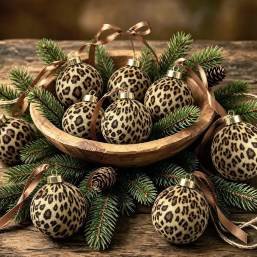 9Pcs Leopard Print Christmas Ball Ornaments 3.1 Inch Cheetah Print Hanging, view 3