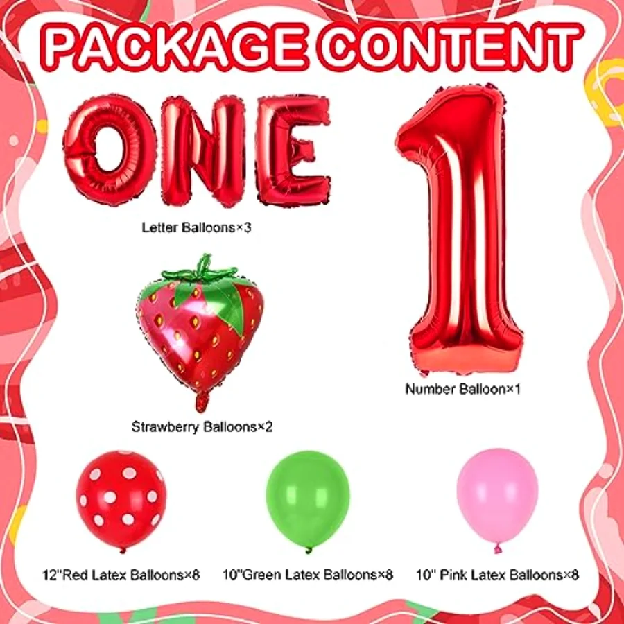 30 Pcs Strawberry 1st Birthday Decoration Supplies Number One Balloon, view 2