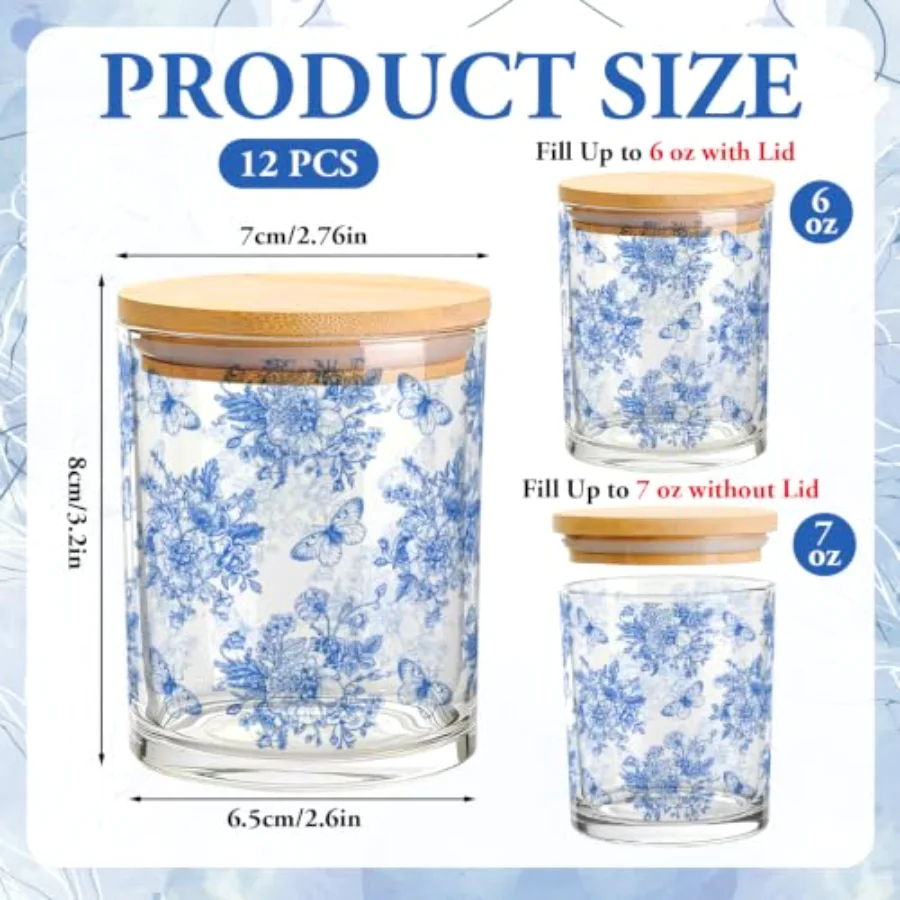 12 Pcs Blue Floral Glass Candle Jars with Lids, view 2