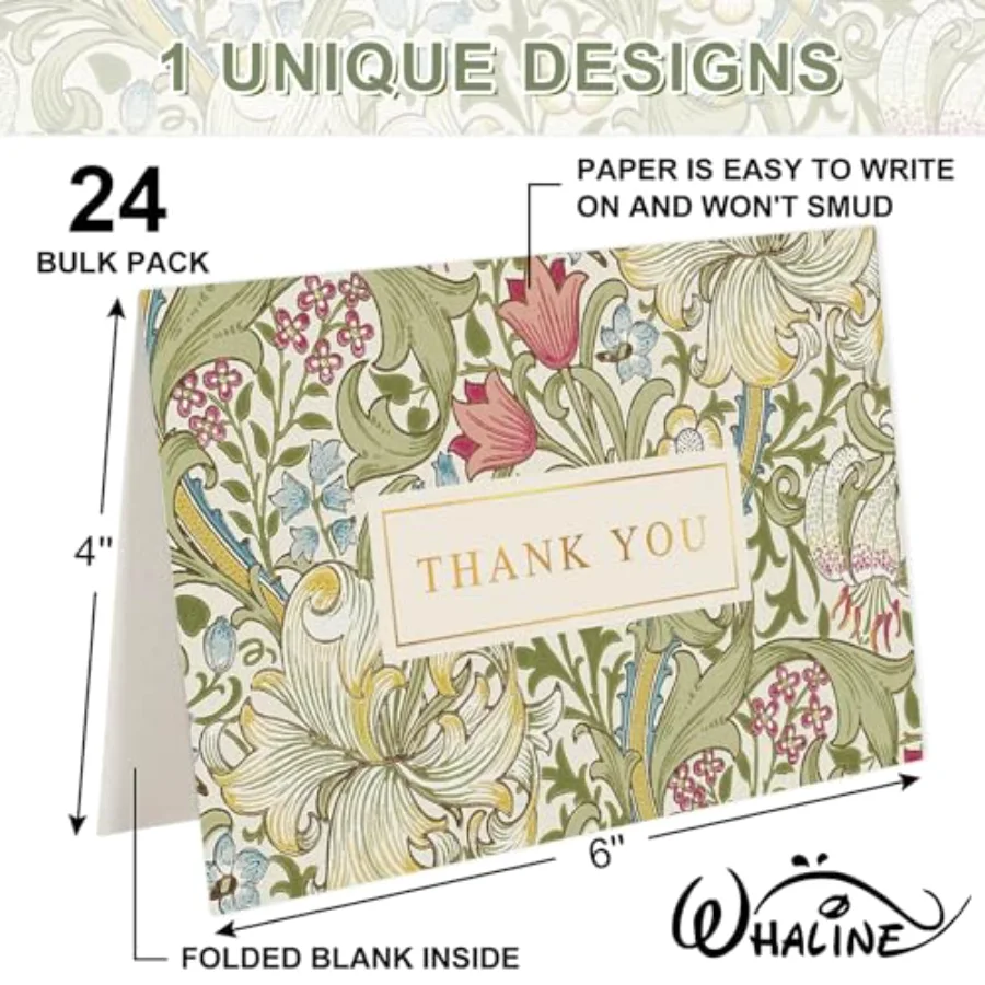 24 Pack Floral Gold Foil Thank You Cards with Envelope & Sticker, view 2