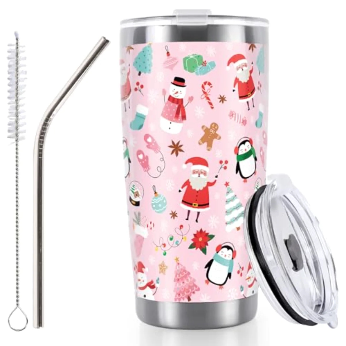 Pink Christmas Tumbler Stainless Steel Cartoon Xmas Santa Snowman Penguin