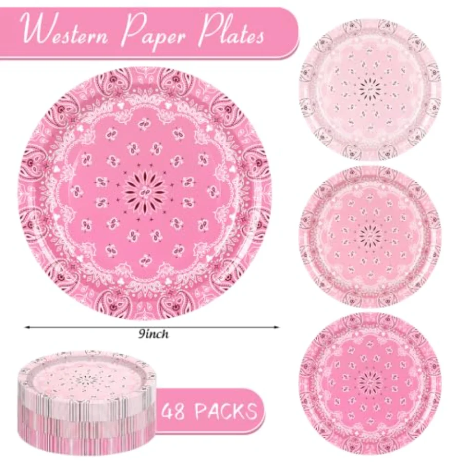 48Pcs Western Bandana Paper Plates Pink Cowgirl Paisley Disposable Plate 3, view 2