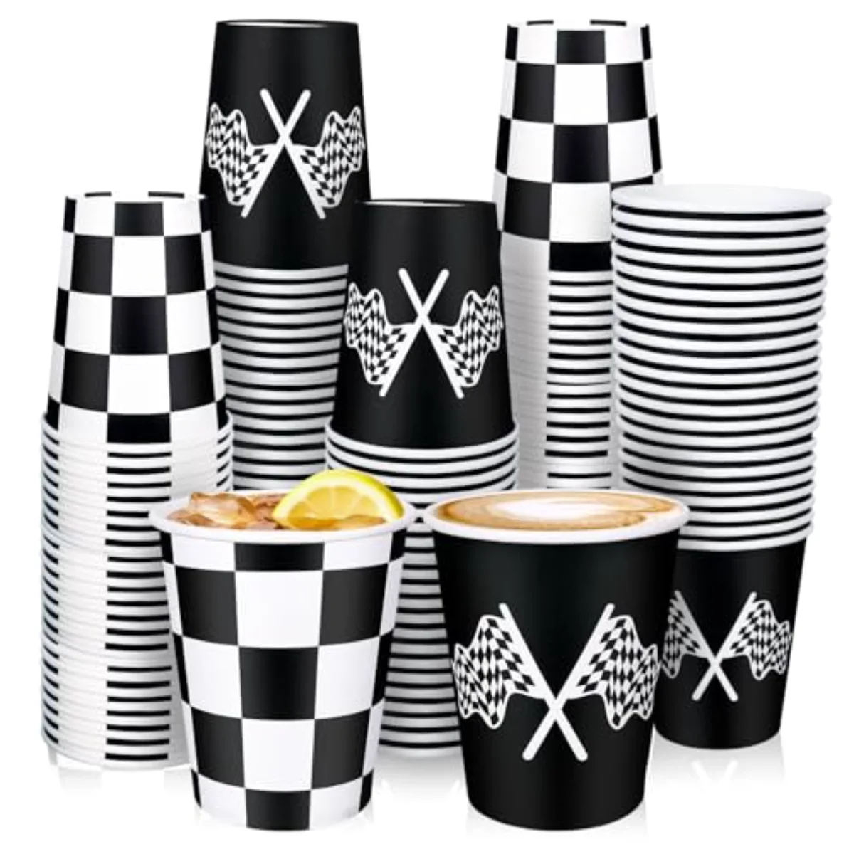 50 Pcs Checkered Racing Paper Cups 9 Oz White Black Checkered Flag