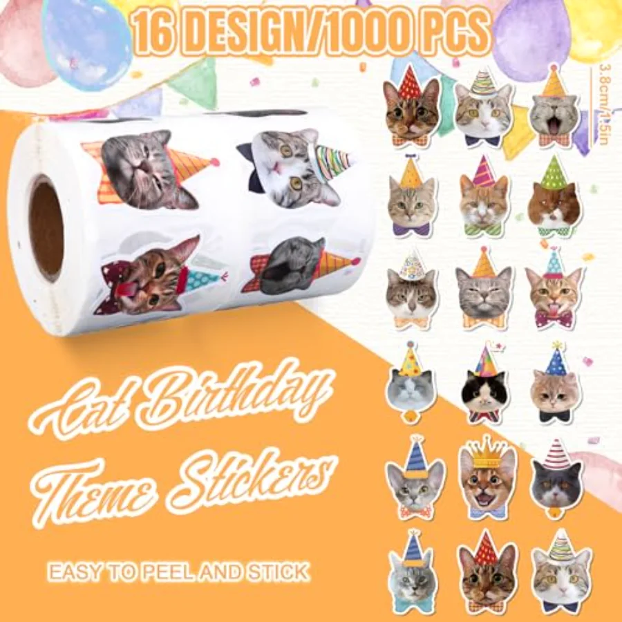 1000Pcs Cat Birthday Theme Stickers Realistic Cute Cat Self-Adhesive, view 2