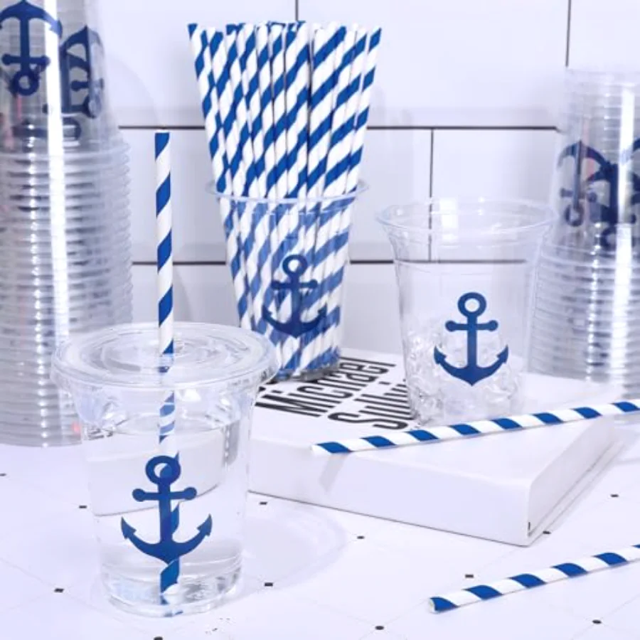 50Pcs Nautical Disposable Plastic Cups with Lids and Straws 12 Oz Blue, view 4