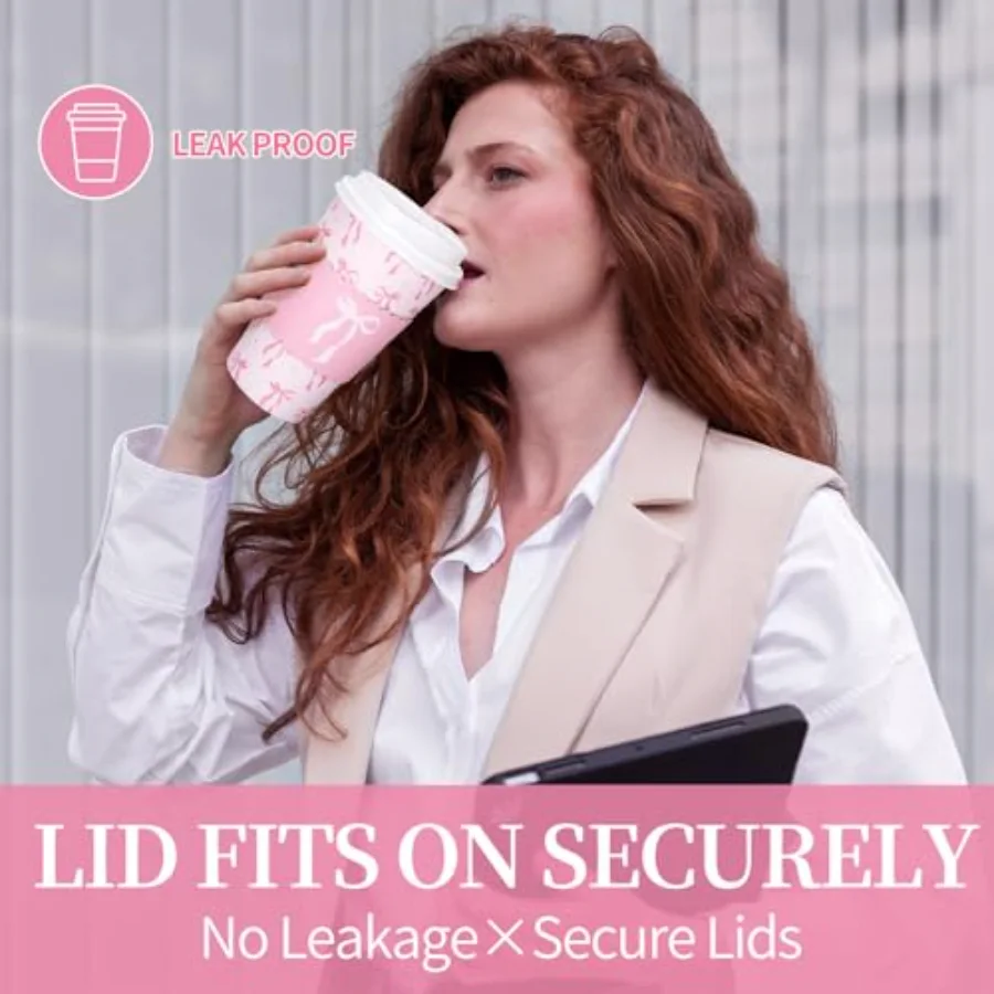 50 Set Pink Bow Disposable Coffee Cups with Lids and Sleeves Coquette, view 4