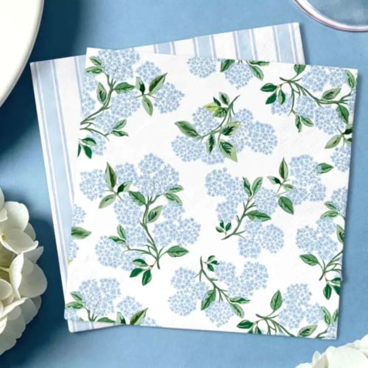 50 Pcs Blue Hydrangea Stripe Cocktail Napkins Floral Flower Paper Napkins