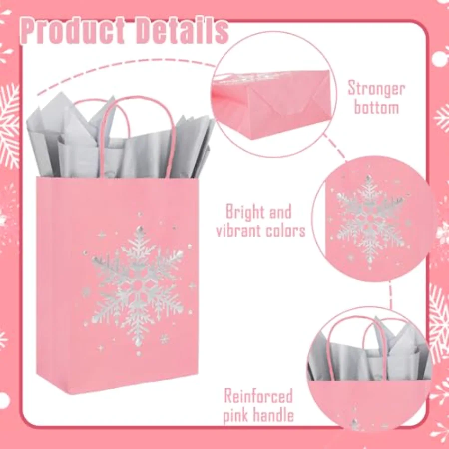 24Pcs Pink Christmas Paper Bags with 30 Sheets Tissue Paper Pink Silver, view 3