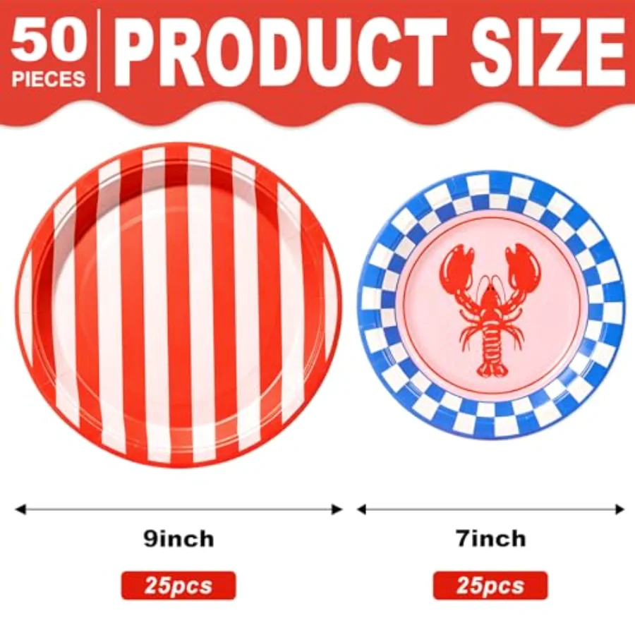 50Pcs Crawfish Paper Plates 7 & 9 Inch Summer Dinnerware Set Stripe Plaid, view 2