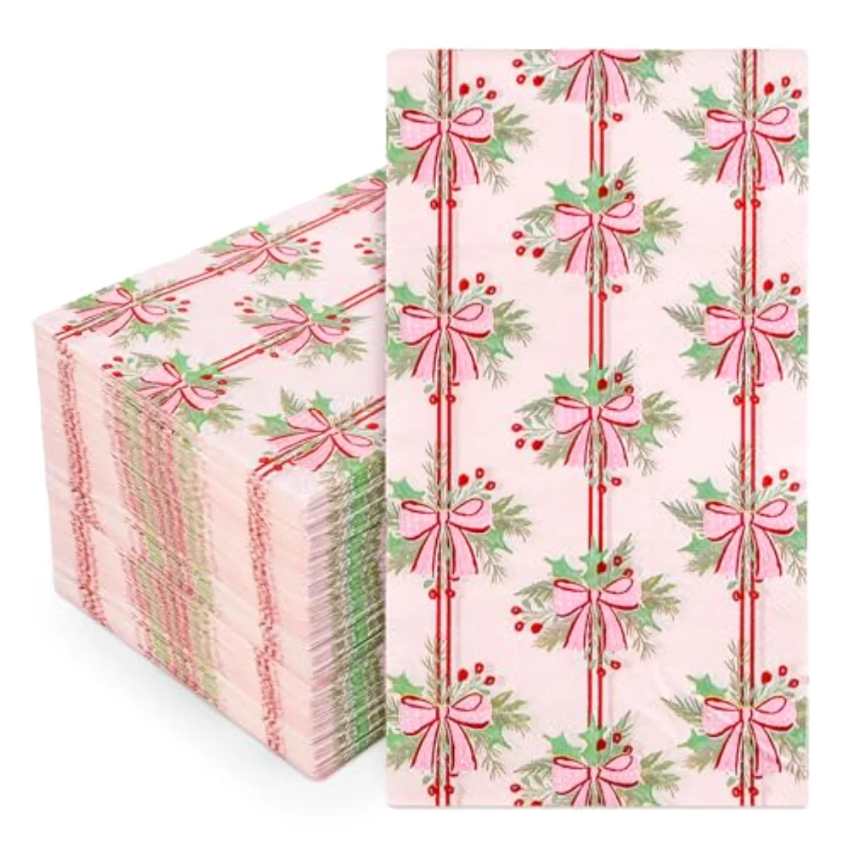 100Pcs Pink Bow Christmas Napkins Holly Berry Guest Napkins Xmas Bowknot