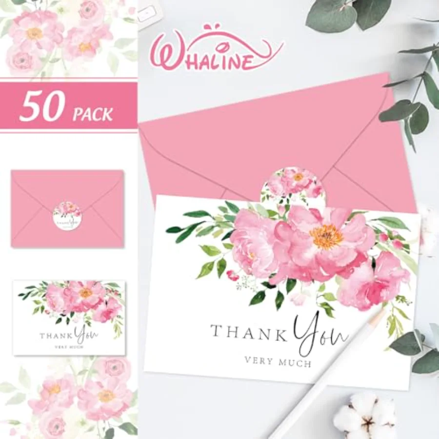 50 Pack Floral Thank You Cards Pink Flower Boxed Note Cards with Envelope, view 3