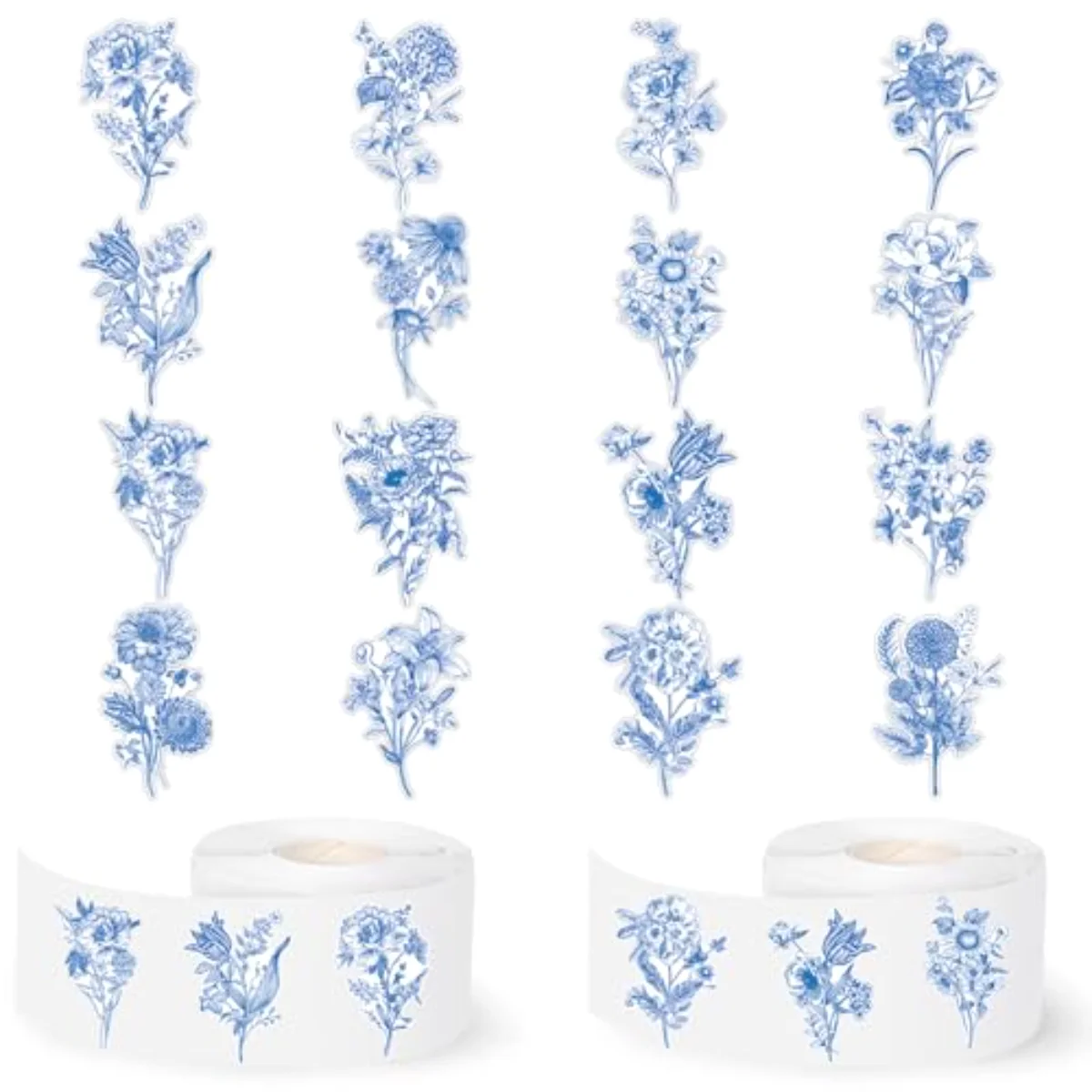 1000Pcs Blue Floral Sticker Seal Decals 8 Design Chinoiserie Flower