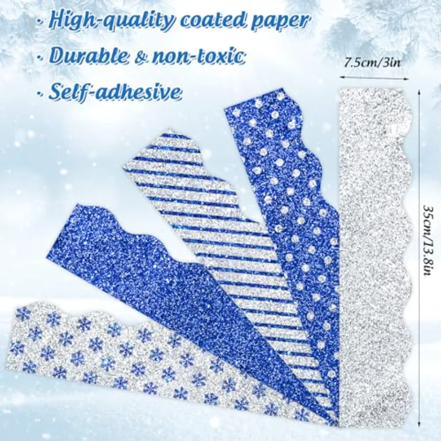 69Ft Winter Glitter Bulletin Board Borders 5 Designs Blue Silver Snowflake, view 2