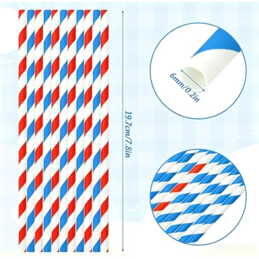 100 Pcs Red and Blue Biodegradable Striped Paper Straws Disposable, view 2