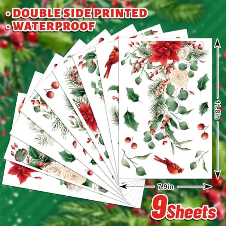 9 Sheets Christmas Floral Window Cling Stickers Hanging Poinsettia Flowers, view 2