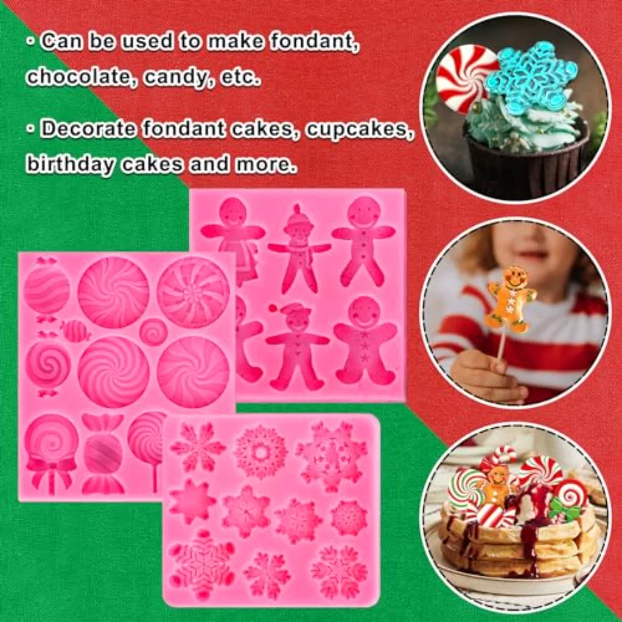 3Pcs Christmas Candy Fondant Mold Pink Gingerbread Man Snowflake Silicone, view 4