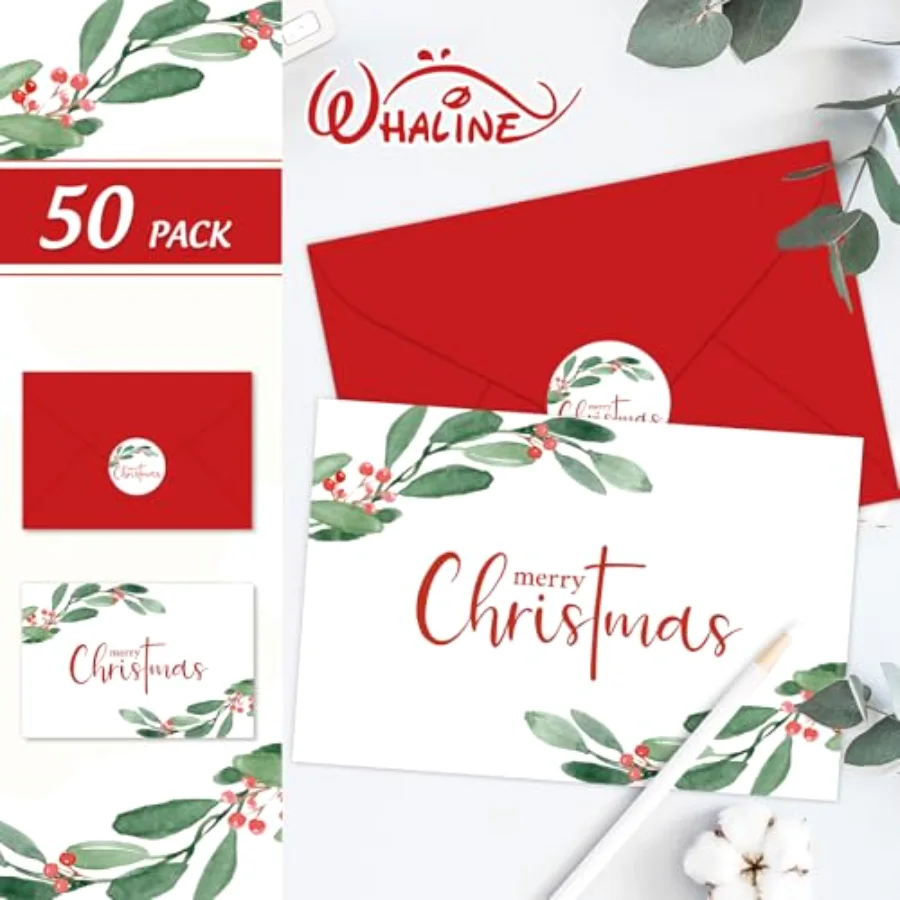 50 Pack Merry Christmas Greeting Cards Bulk Red Berry with Leaves Blank, view 3