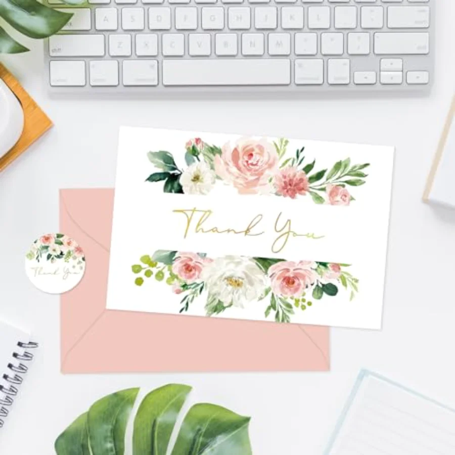 24 Pack Floral Thank You Cards Bulk Watercolor Pink Flower Foil Gold Thank, view 4