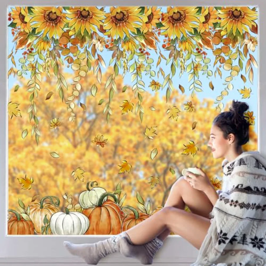 9 Sheets Fall Sunflower Window Clings Hanging Flower Vine Pumpkin Window, view 4