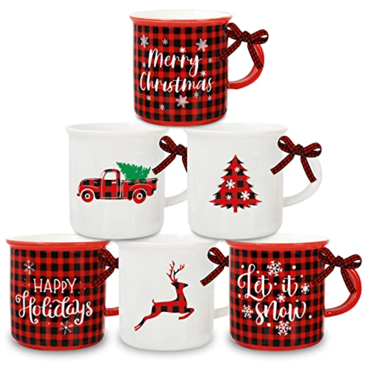 6Pcs Christmas Mini Coffee Mug with Ribbon Red Black Plaid Truck Reindeer