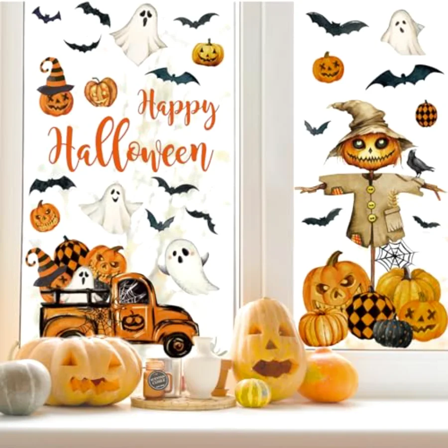 6 Sheet Halloween Window Clings Black Orange Evil Scarecrow Pumpkin Truck, view 2