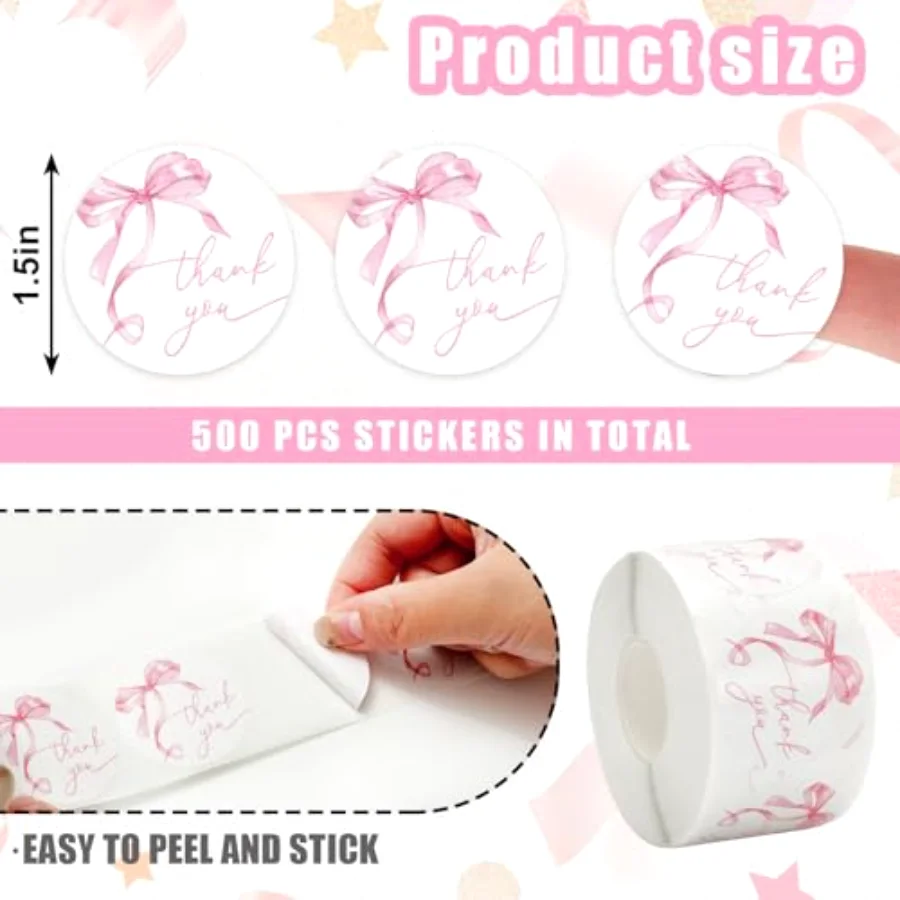 500Pcs Pink Bow Thank You Stickers Watercolor Bowknot Paper Label Decals, view 2