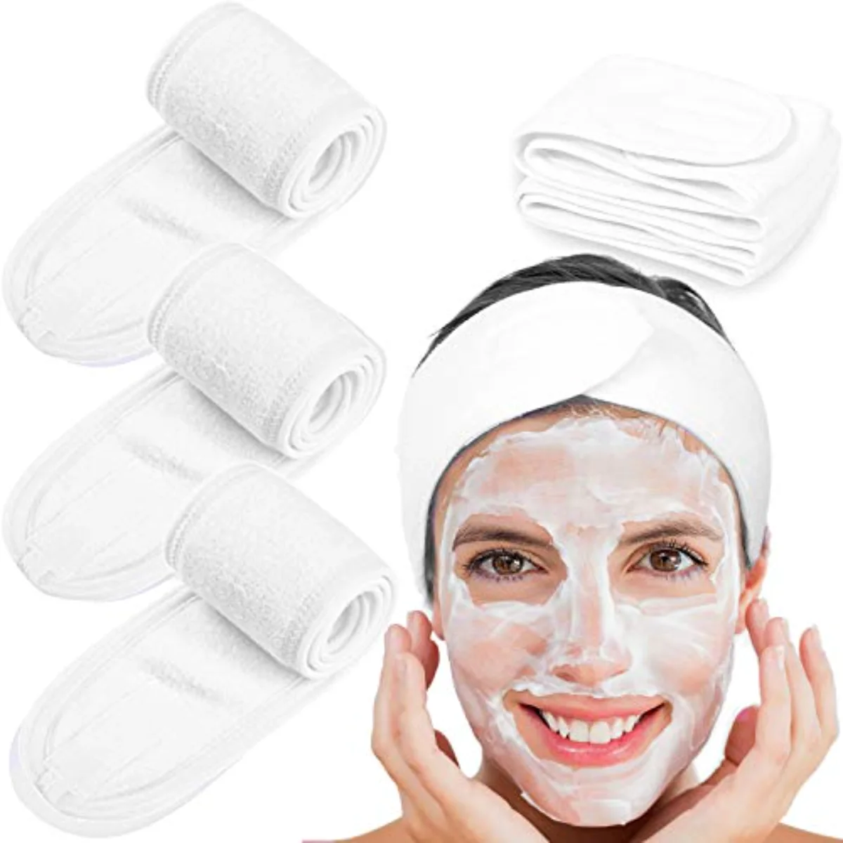 Spa Headband 4 Pcs White Makeup Hair Band Facial Head Wrap Hair Tie