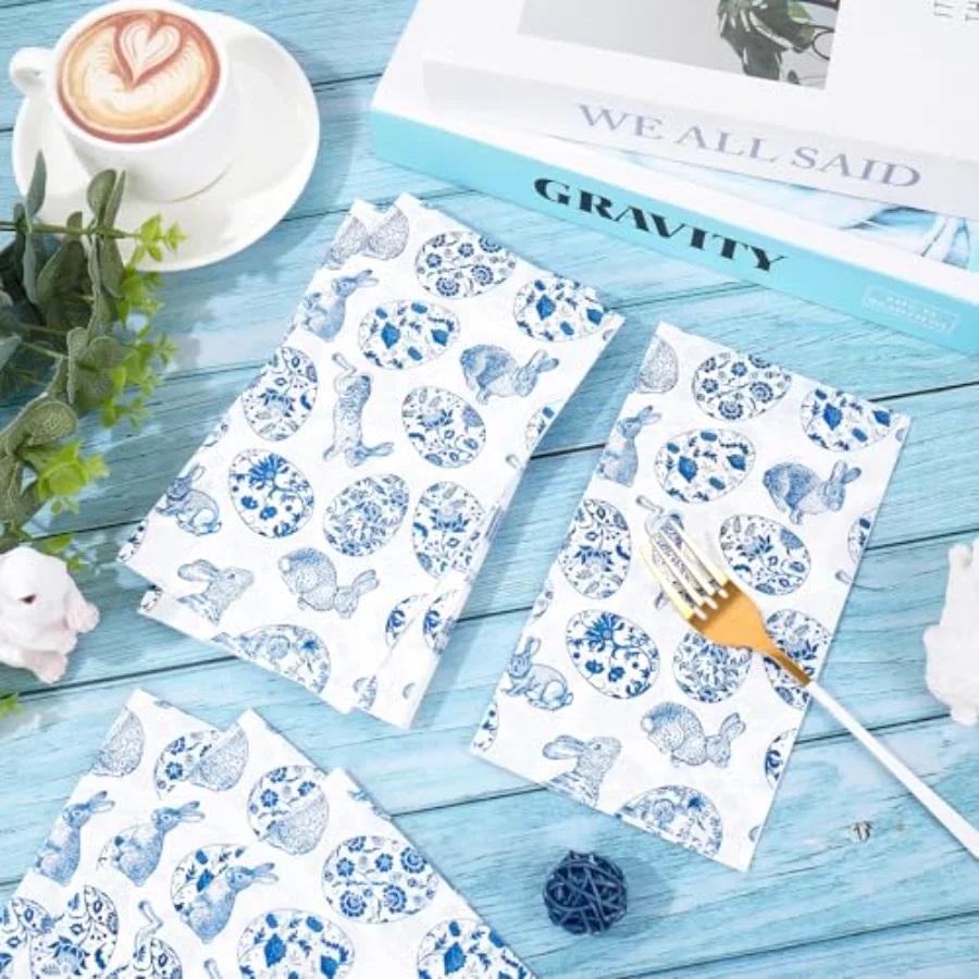 40 Pcs Easter Guest Napkins Paper Napkins Blue White Chinoiserie Bunny, view 4