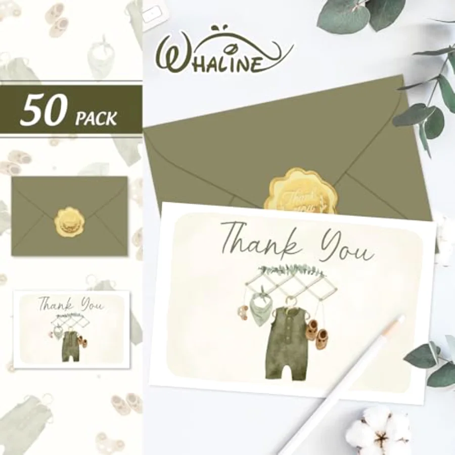50 Pack Baby Shower Thank You Cards Boxed Vintage Green Baby Cloth Note, view 3