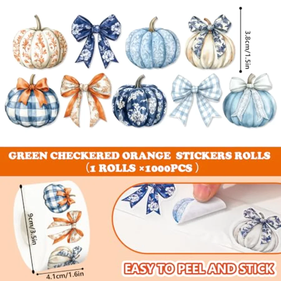 1000Pcs Fall Sticker Blue Orange Chinoiserie Pumpkin Bow Self Adhesive, view 2