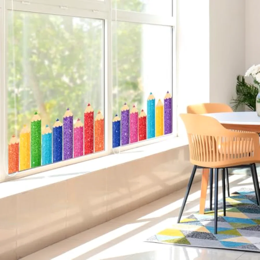9 Sheet Back to School Colorful Glitter Pencil Window Clings Sparkly, view 3