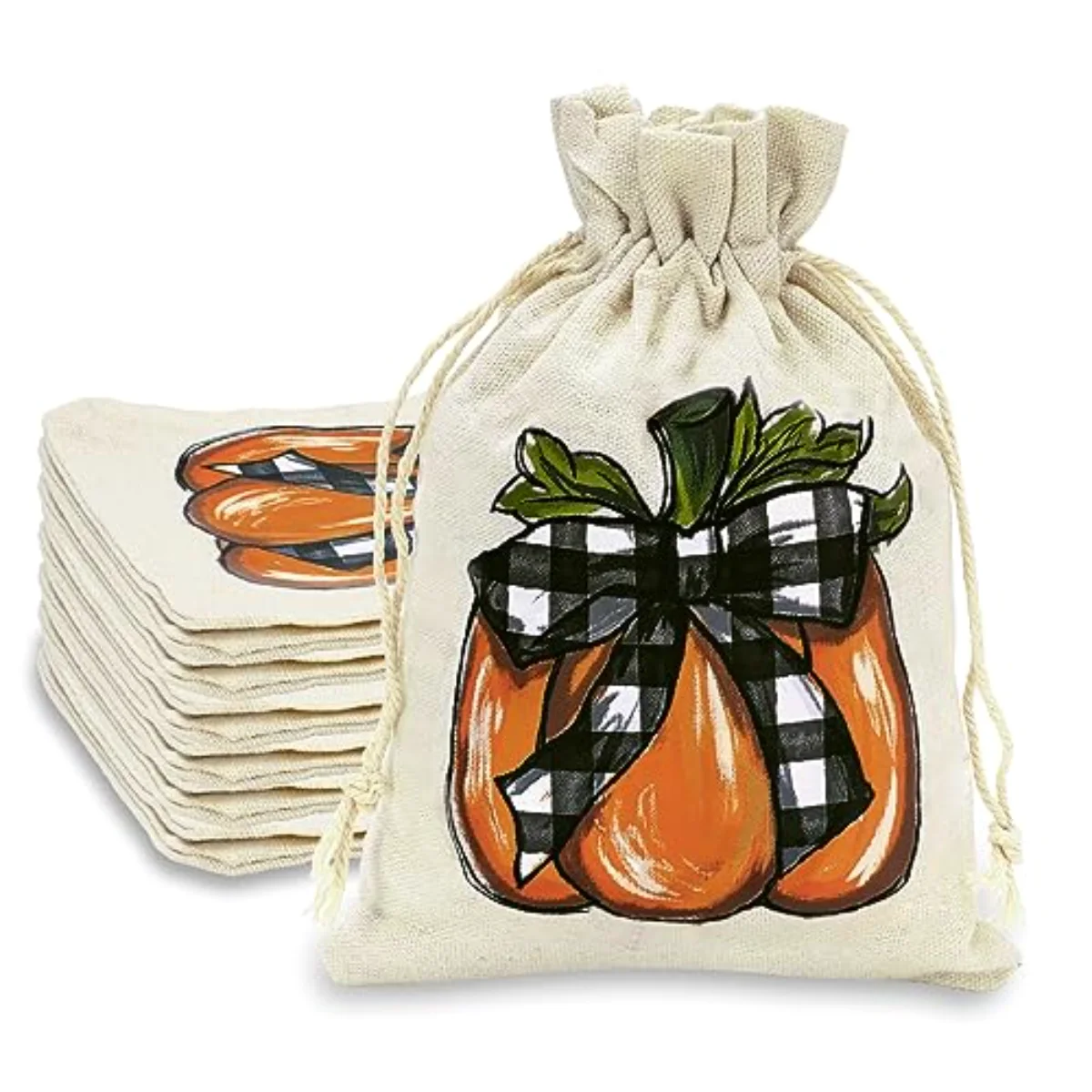 24 Pack Fall Burlap Bags Pumpkin Drawstring Bags Watercolor Plaid Pumpkin